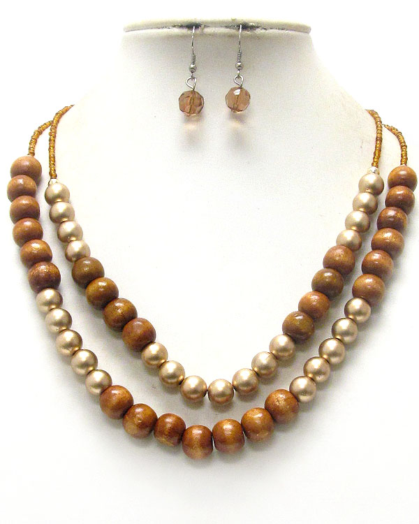 Multi wood ball and chip stone double layered necklace earring set