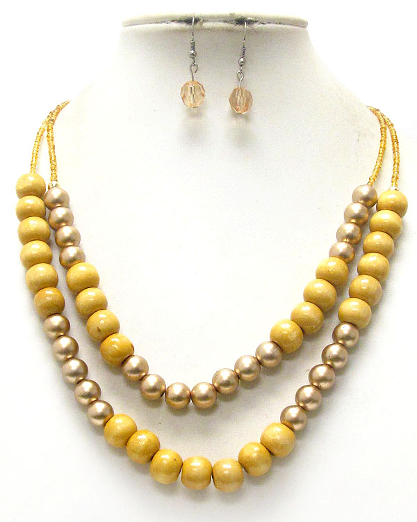 Multi wood ball and chip stone double layered necklace earring set