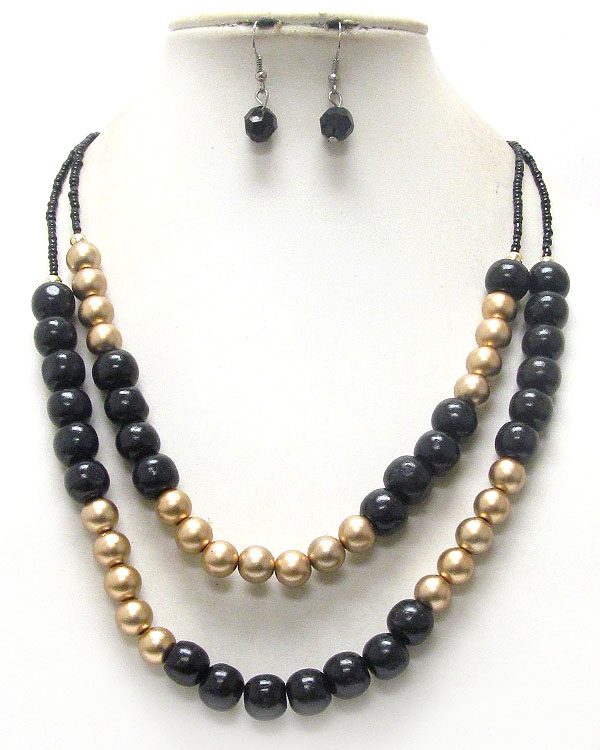 Multi wood ball and chip stone double layered necklace earring set