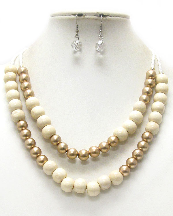 Multi wood ball and chip stone double layered necklace earring set