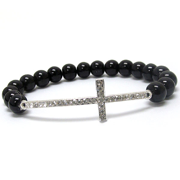 Crystal cross and pearl stretch bracelet