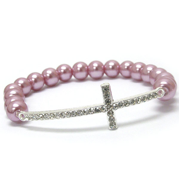 Crystal cross and pearl stretch bracelet