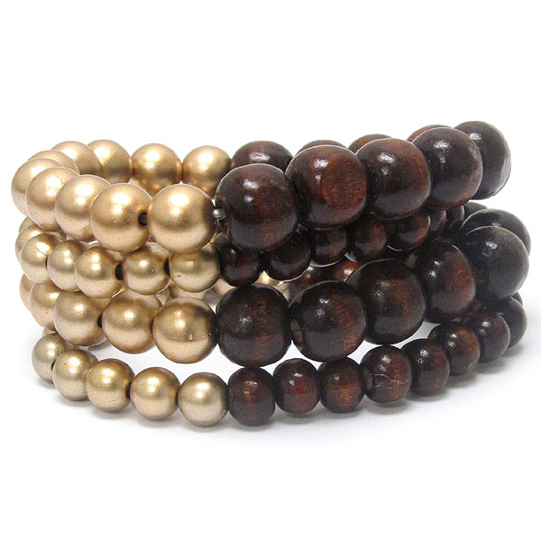 Multi wood ball bead stretch bracelet set of 4