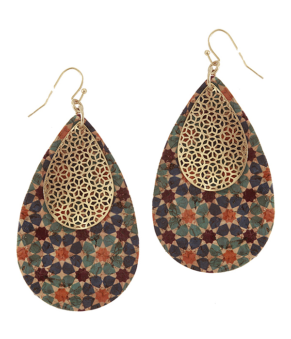 MOROCAN PATTERN CORK AND METAL FILIGREE TEARDROP EARRING