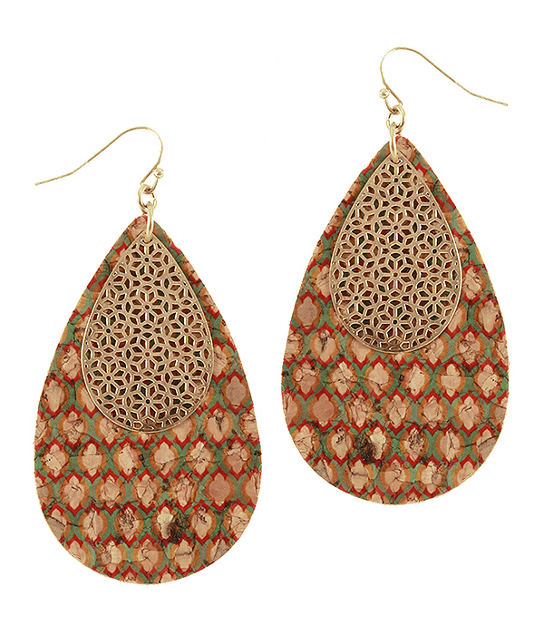 MOROCAN PATTERN CORK AND METAL FILIGREE TEARDROP EARRING