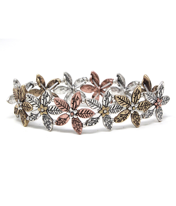 Multi metal flower link stretch bracelet