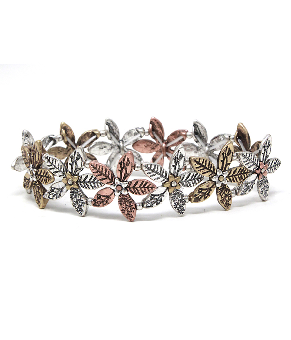 MULTI METAL FLOWER LINK STRETCH BRACELET