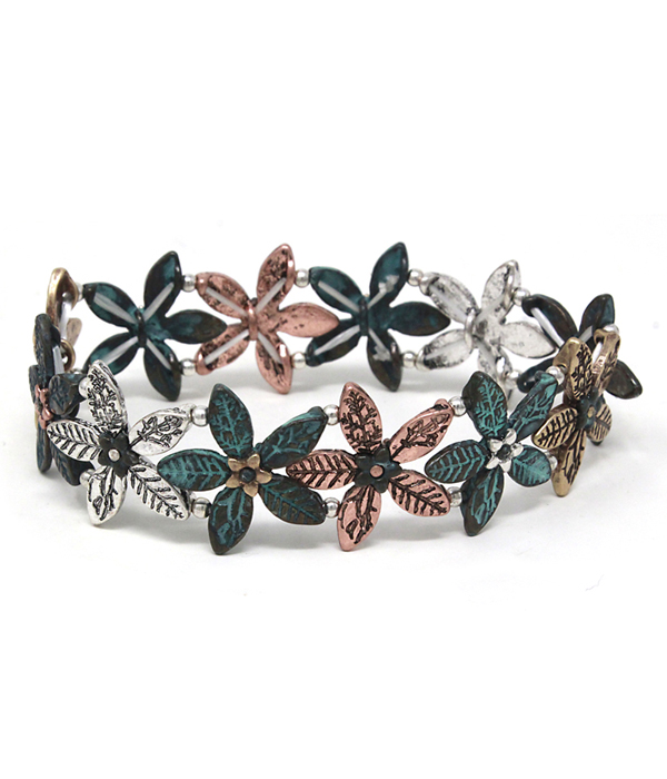 MULTI METAL FLOWER LINK STRETCH BRACELET