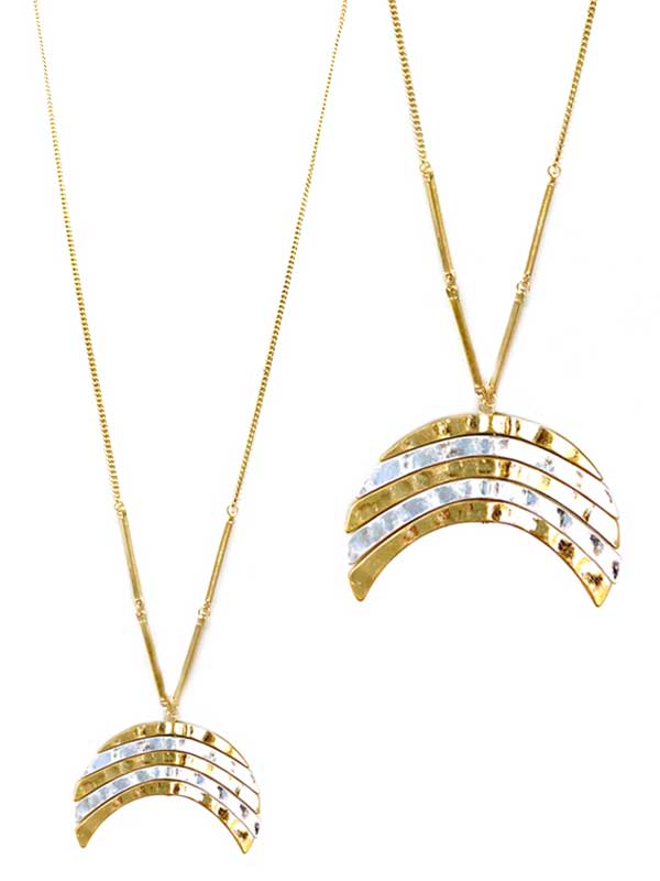 Textured metal crescent pendant long necklace