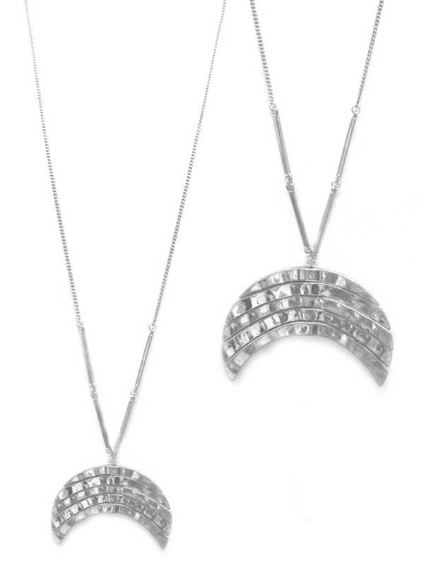 Textured metal crescent pendant long necklace