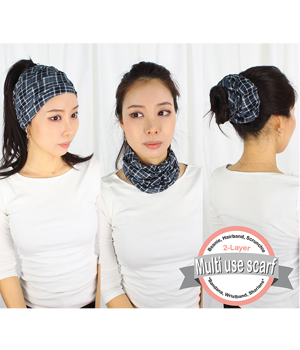Double layer plaid pattern multi use headwrap - 100% polyester