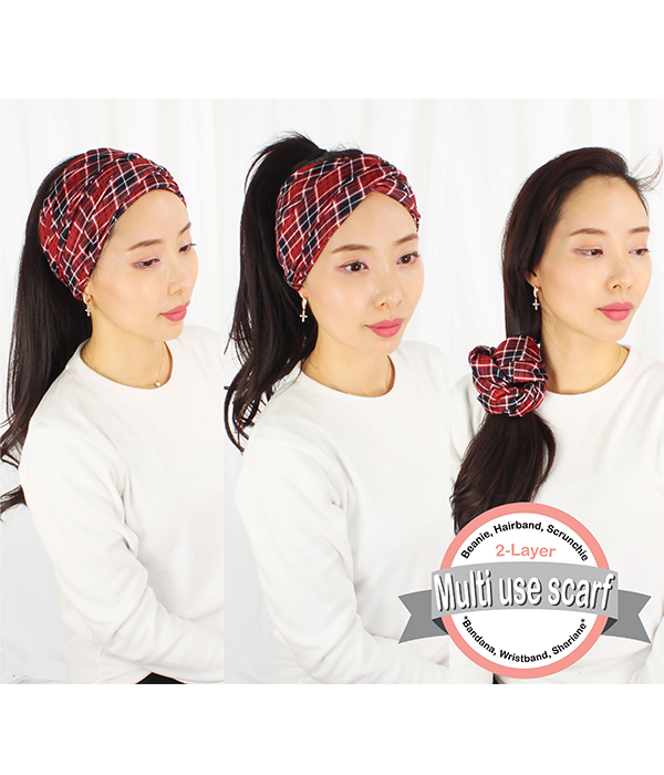 DOUBLE LAYER PLAID PATTERN MULTI USE HEADWRAP - 100% POLYESTER