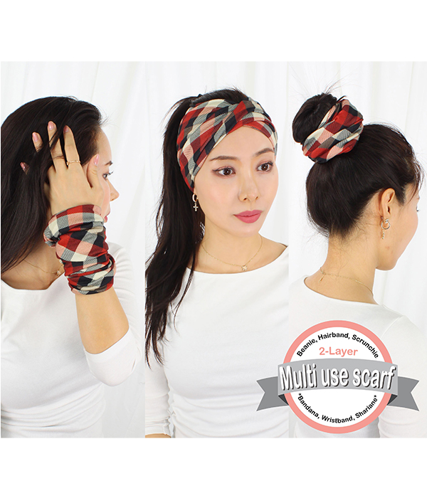 DOUBLE LAYER PLAID PATTERN MULTI USE HEADWRAP - 100% POLYESTER