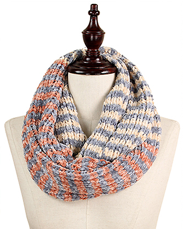 TRI TONE CHENILLE STRIPE INFINITY SCARF - 100% POLYESTER