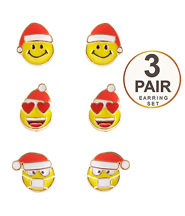 CHRISTMAS HAPPY FACE 3 PAIR EARRING SET