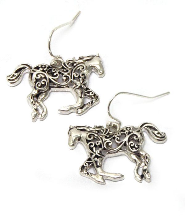Horse filigree cut fish hook earrings