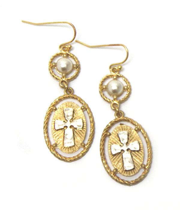 Cross with pearls fish hook earrings