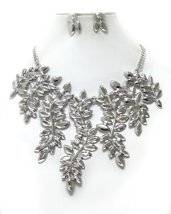 Metal leaf drop bib statement necklace set