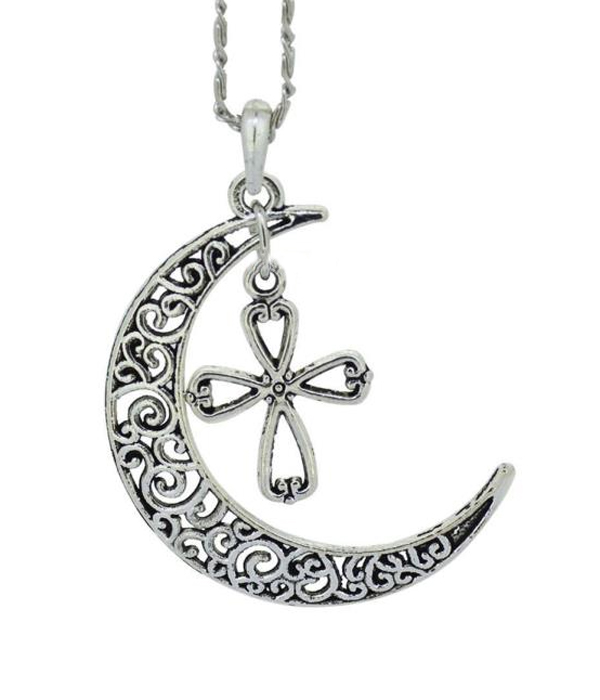Metal filigree moon and cross pendant necklace