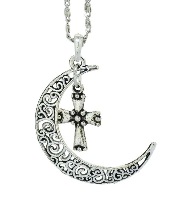 Metal filigree moon and cross pendant necklace