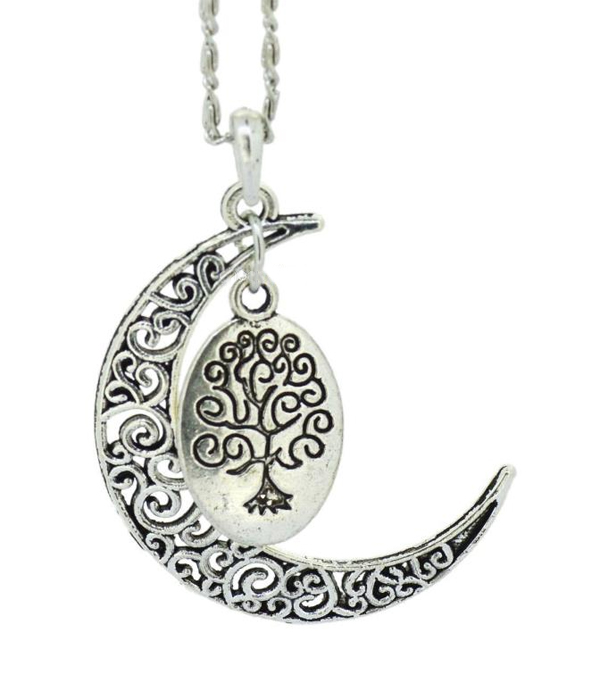 Metal filigree moon and tree of life pendant necklace