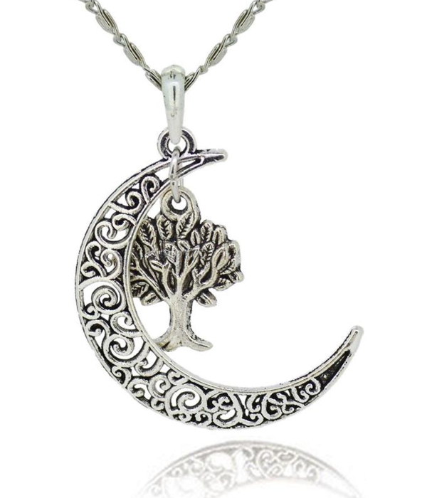 Metal filigree moon and tree of life pendant necklace