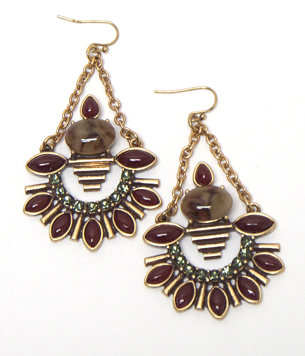 Multi stones drop fish hook earrings