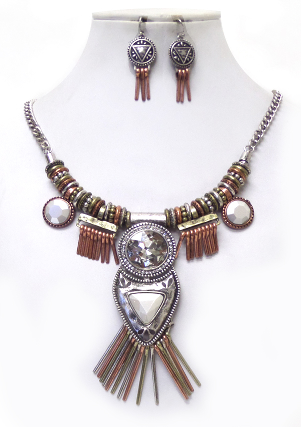 Bohemian crystal stud vintage metal tassel drop necklace set