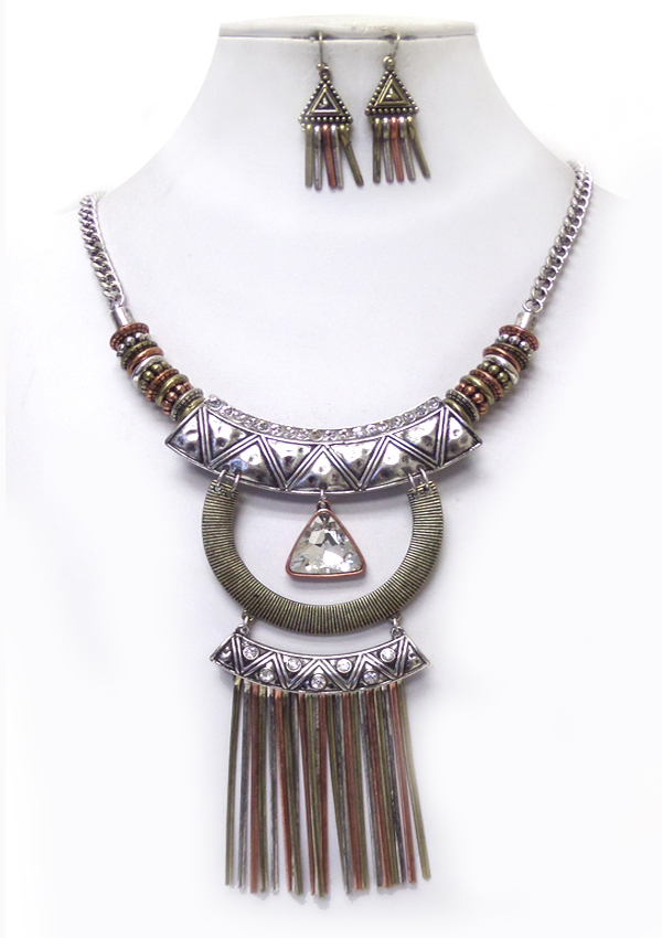 Bohemian crystal stud vintage metal tassel drop necklace set