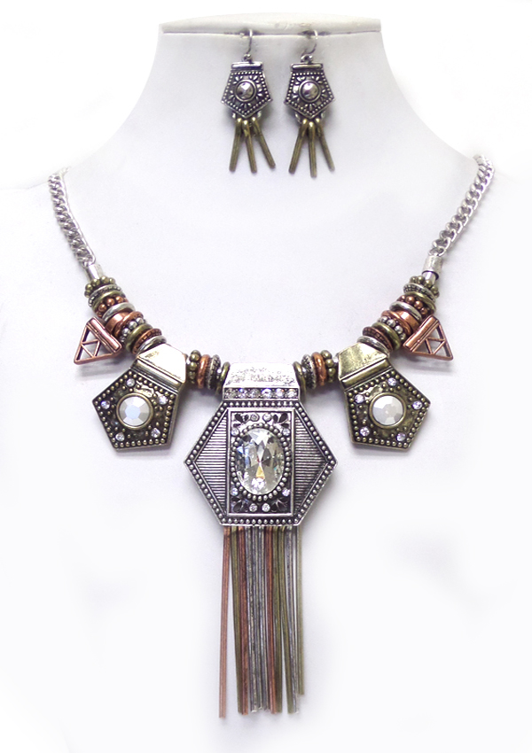 Bohemian crystal stud vintage metal tassel drop necklace set