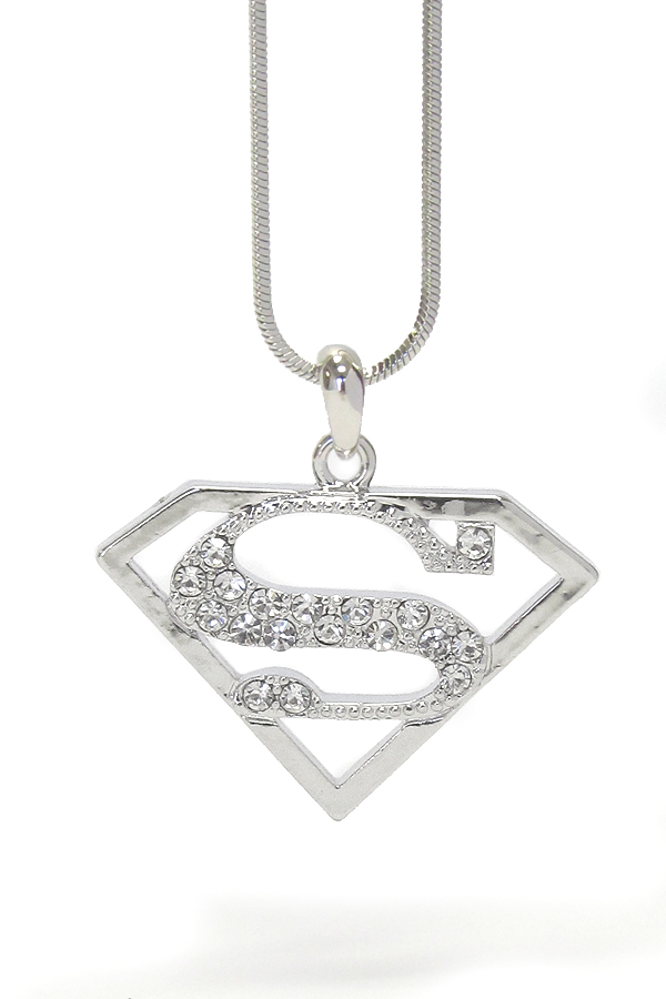 WHITEGOLD PLATING CRYSTAL SUPERMAN SYMBOL NECKLACE