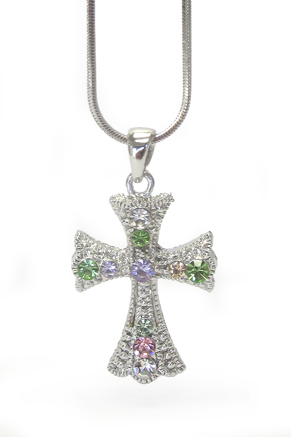 MADE IN KOREA WHITEGOLD PLATING CRYSTAL  CROSS PENDANT NECKLACE