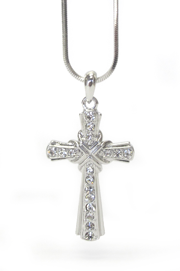 WHITEGOLD PLATING CRYSTAL STUD CROSS PENDANT NECKLACE