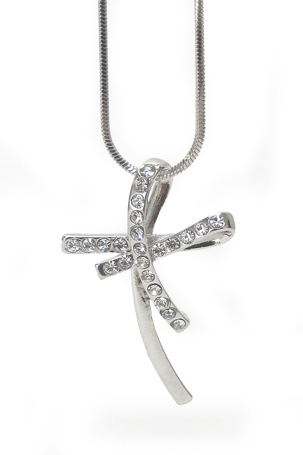 MADE IN KOREA WHITEGOLD PLATING CRYSTAL STUD CROSS PENDANT NECKLACE