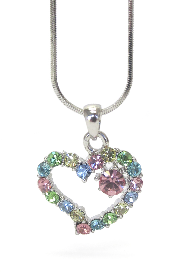 WHITEGOLD PLATING MULTI COLOR CRYSTAL HEART PENDANT NECKLACE -valentine