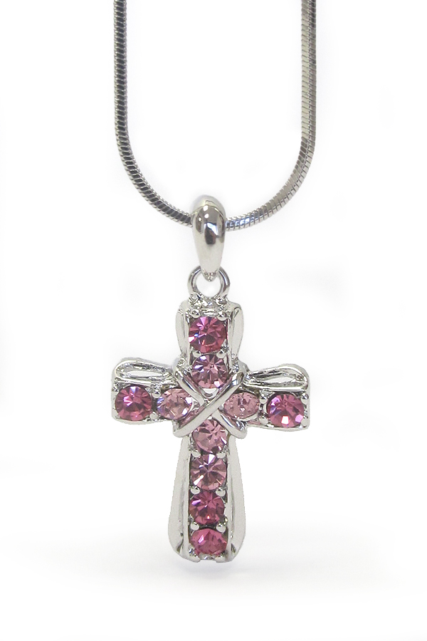 WHITEGOLD PLATING CRYSTAL STUD CROSS PENDANT NECKLACE