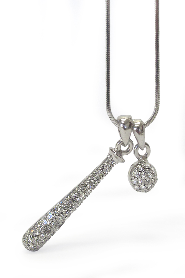 WHITEGOLD PLATING CRYSTAL MINIATURE BASEBALL BAT AND BALL PENDANT NECKLACE