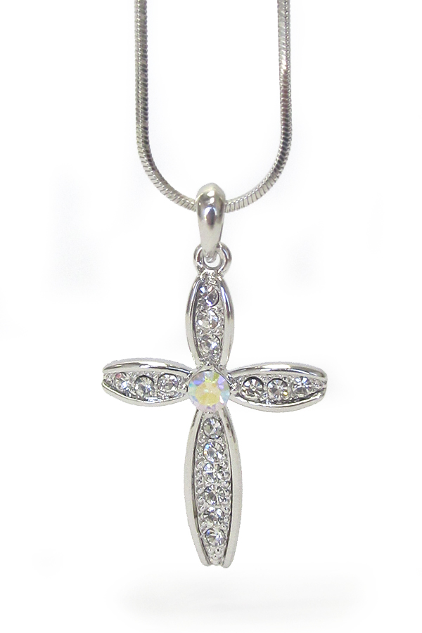 MADE IN KOREA WHITEGOLD PLATING CRYSTAL CROSS PENDANT NECKLACE