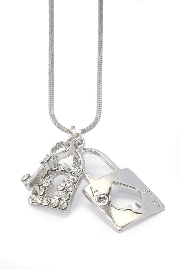 Made in korea whitegold plating crystal stud dual lock and key dangle necklace