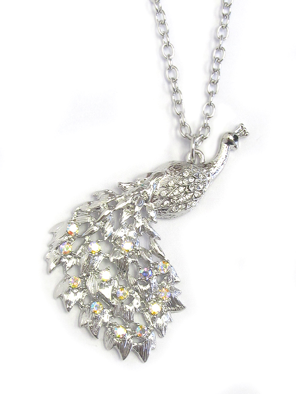 CRYSTAL STUD PEACOCK PENDANT LONG NECKLACE