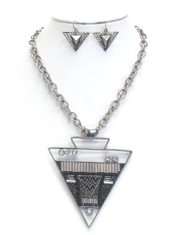 Crystal metal and acryl modeen achitectural triangle medallion necklace earring set