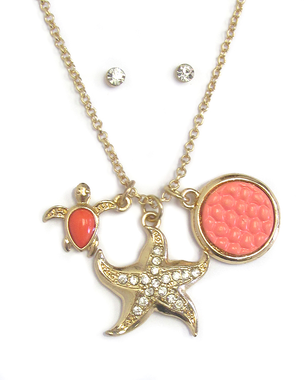 CRYSTAL STUD STARFISH AND TURTLE DANGLE NECKLACE EARRING SET