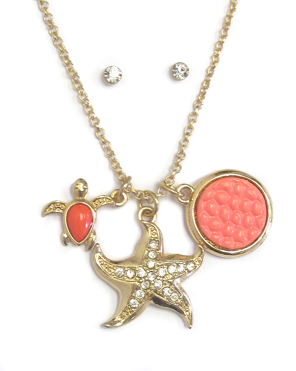 Crystal stud starfish and turtle dangle necklace earring set