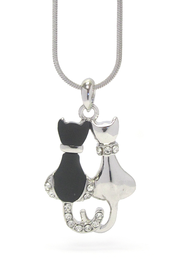 WHITEGOLD PLATING ACRYL CRYSTAL DECO TWO CAT PENDANT NECKLACE