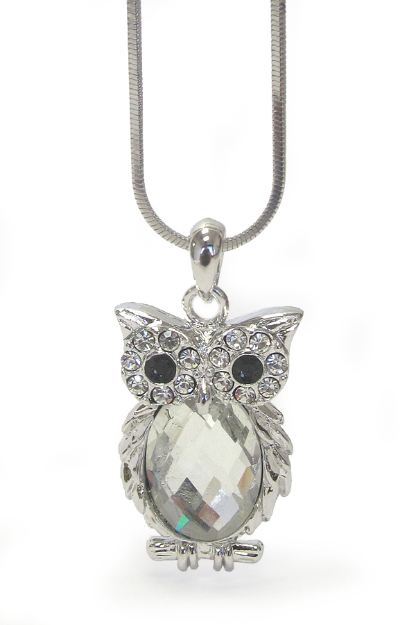 WHITEGOLD PLATING CRYSTAL OWL WITH OVAL GLASS PENDANT NECKLACE