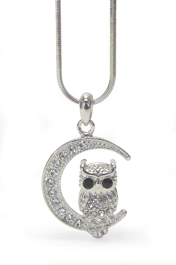 WHITEGOLD PLATING CRYSTAL EYE OWL AND MOON PENDANT NECKLACE