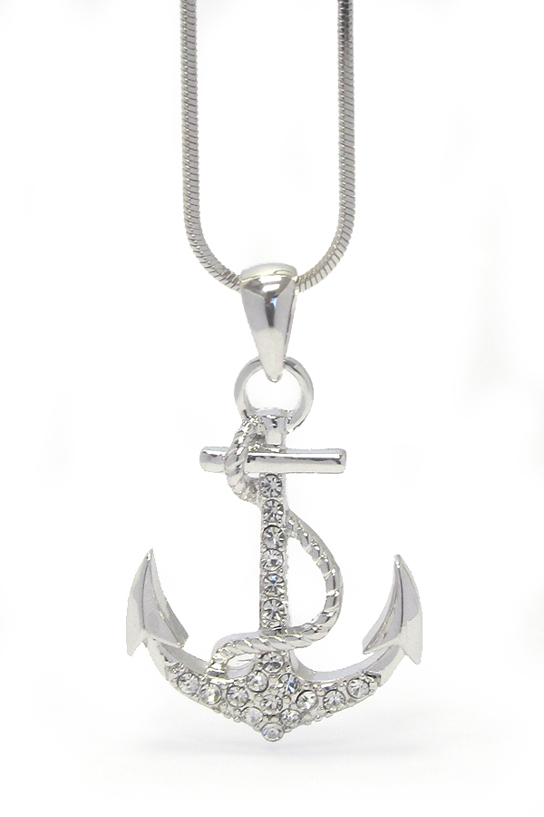 WHITEGOLD PLATING CRYSTAL ANCHOR PENDANT NECKLACE