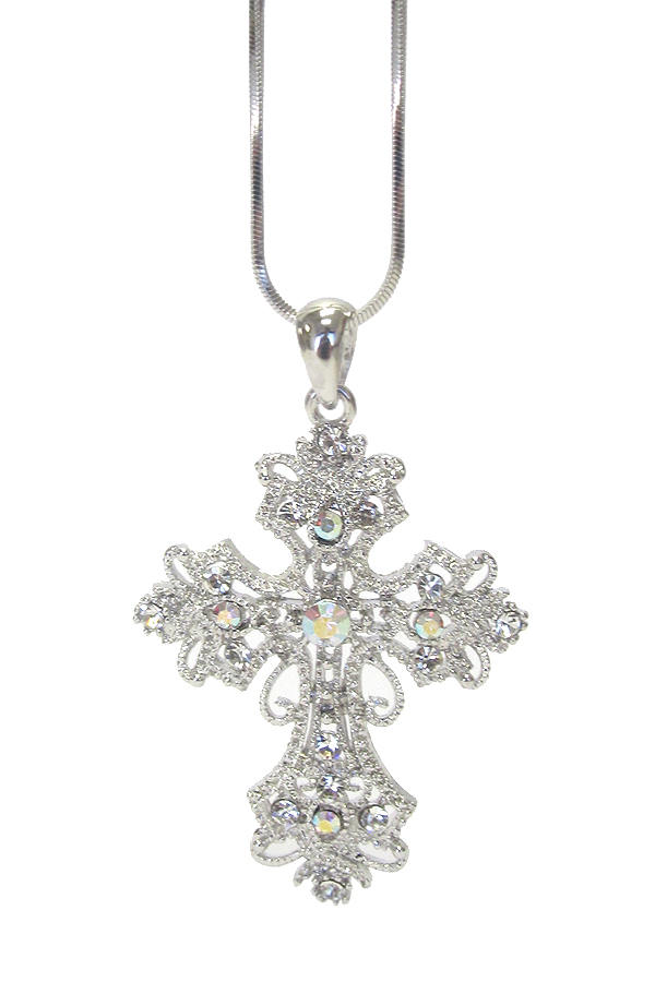 WHITEGOLD PLATING CRYSTAL CROSS PENDANT NECKLACE