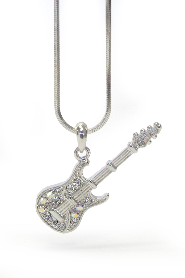 WHITEGOLD PLATING CRYSTAL MUSIC THEME GUITAR PENDANT NECKLACE