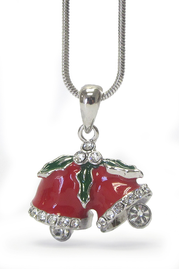 Made in korea whitegold plating crystal and epoxy christmas bell pendant necklace